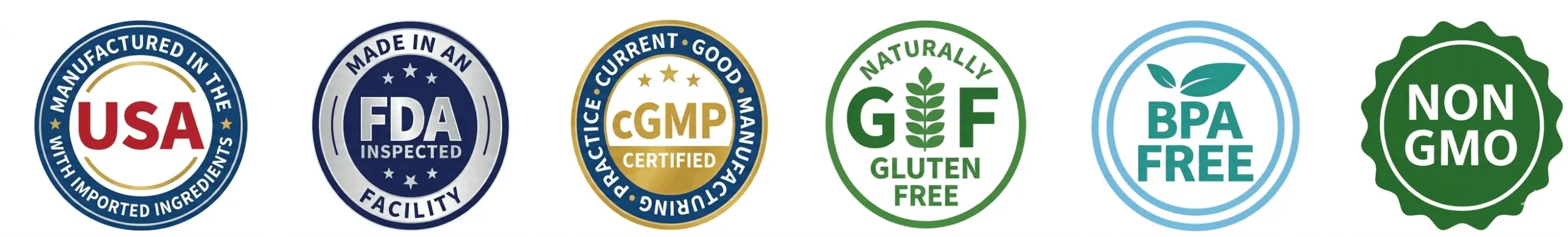 VisiFlora quality certifications: USA manufactured, FDA inspected facility, cGMP certified, gluten free, BPA free, Non-GMO